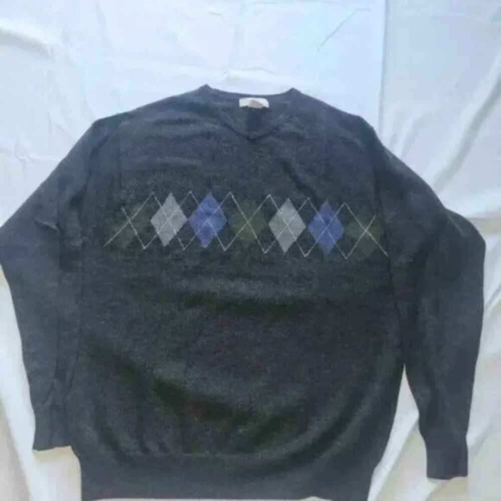 Vintage Y2K Grandpa XL Grey Men's Sweater Merino Wool Argyle Diamond Academia